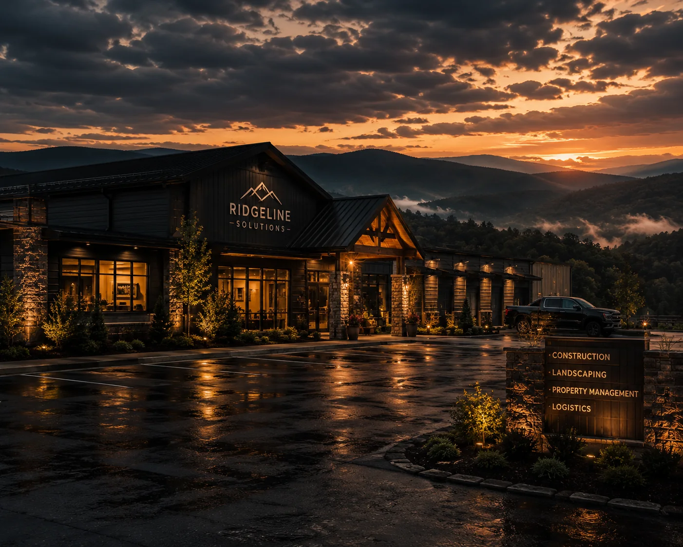 Illustrative commercial property representing insurance for contractors, property managers, landscapers, and logistics businesses