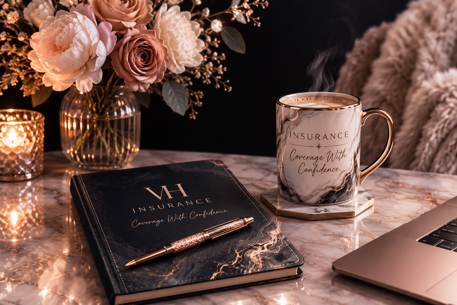 Elegant Veronica Hicks Insurance Agency workspace with flowers, a branded notebook, and a Coverage With Confidence mug