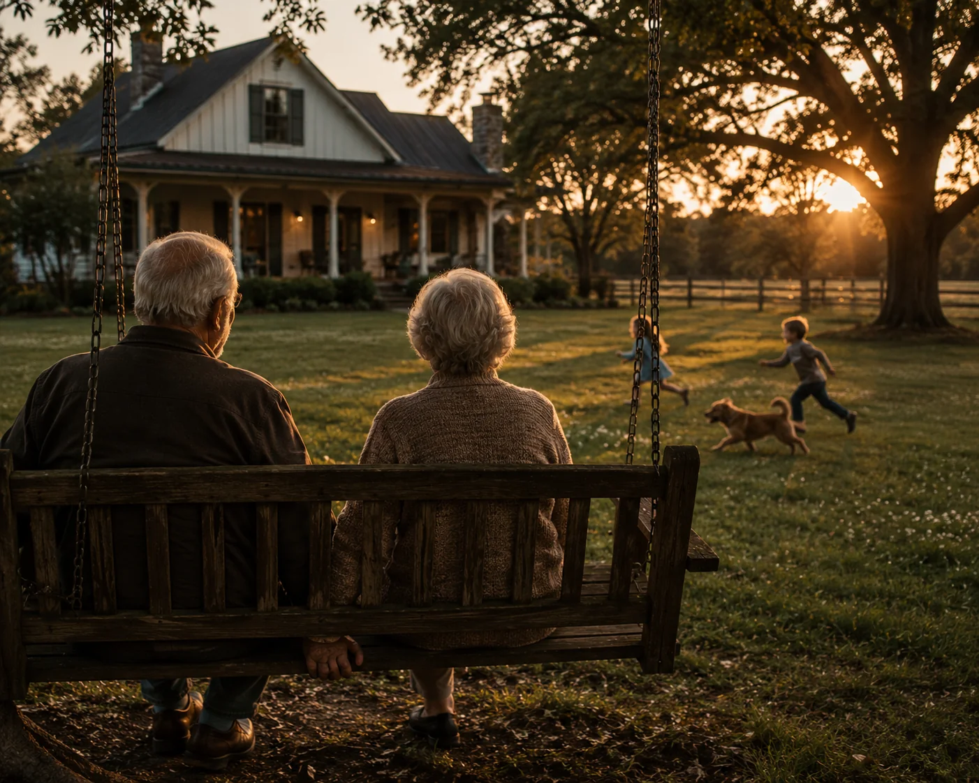Grandparents watching children play near the family home, representing life insurance and legacy protection