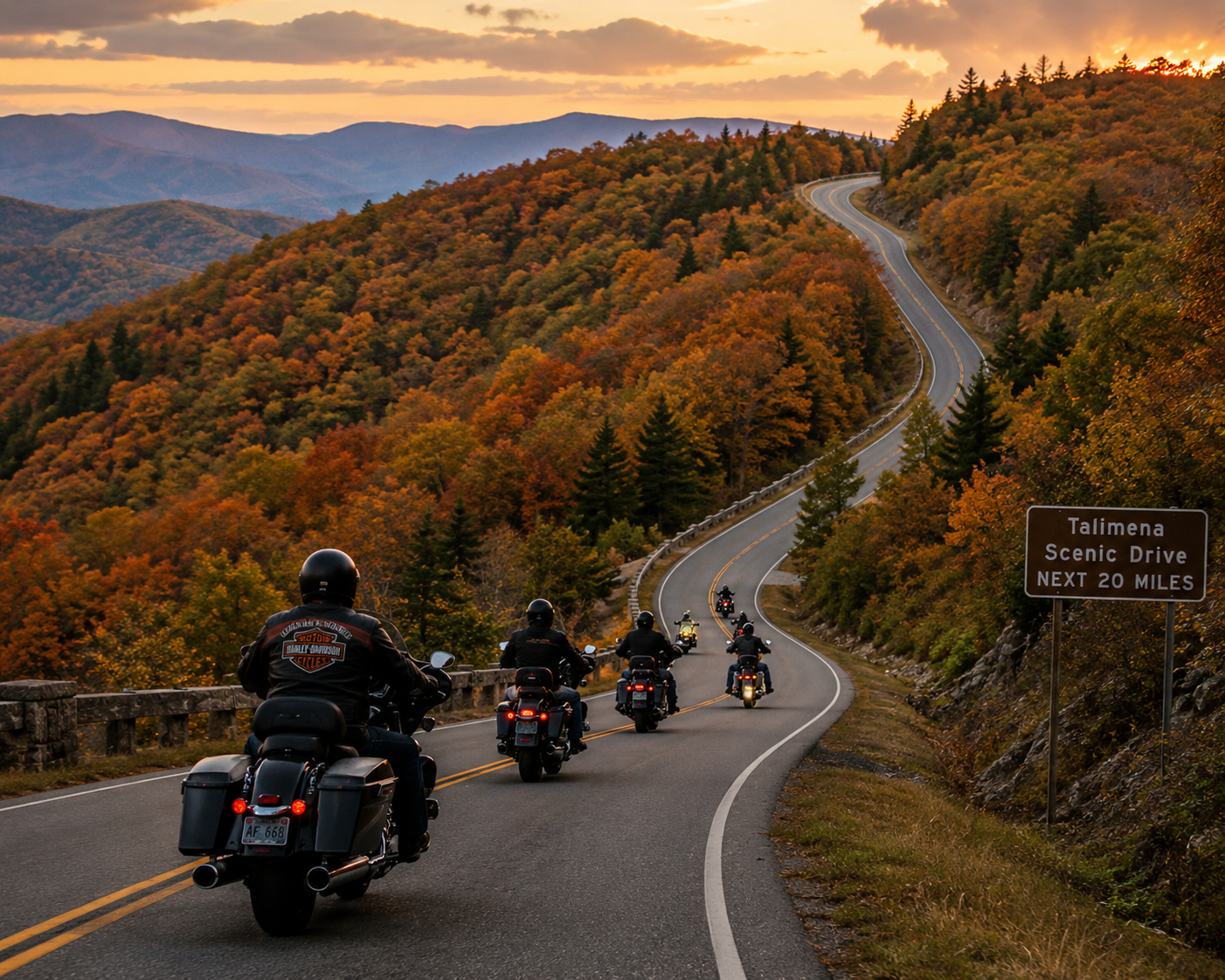 Motorcyclists riding the Talimena Scenic Drive, representing motorcycle and specialty vehicle coverage