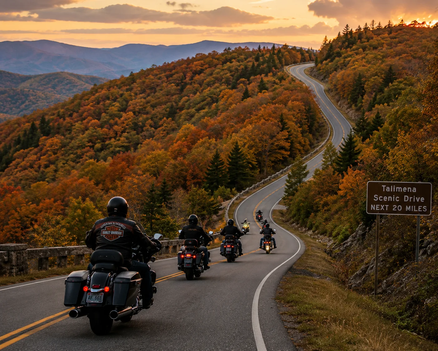 Motorcyclists riding the Talimena Scenic Drive, representing motorcycle and specialty vehicle coverage