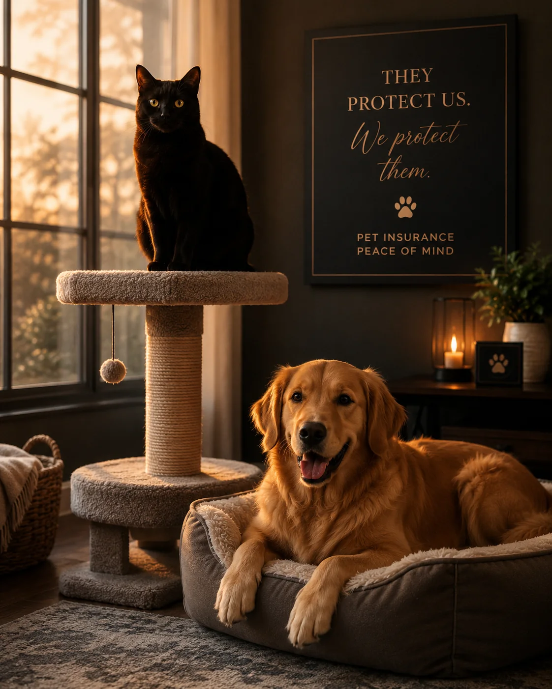 Golden retriever and black cat relaxing together in a warm home